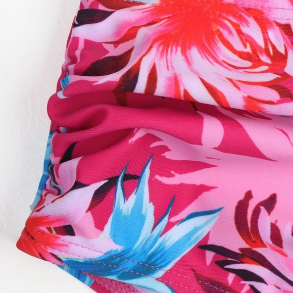Pink Floral Ruffle Hem Ruched 2pc Bikini Swimsuit Bathing Suit - Picture 5 of 8